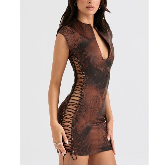 NEW House of CB 'Daphne' Antique Copper Lace up Mini Dress Size S #2016 - Picture 3 of 10